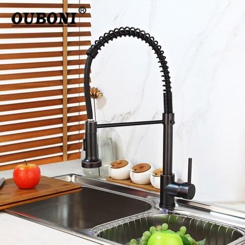 OUBONI Black LED Chrome Brass ORB Pull Out Rotated Spring Kitchen Basin Swivel Spout Vessel Sink Mixer Tap Kitchen Faucet Tap
