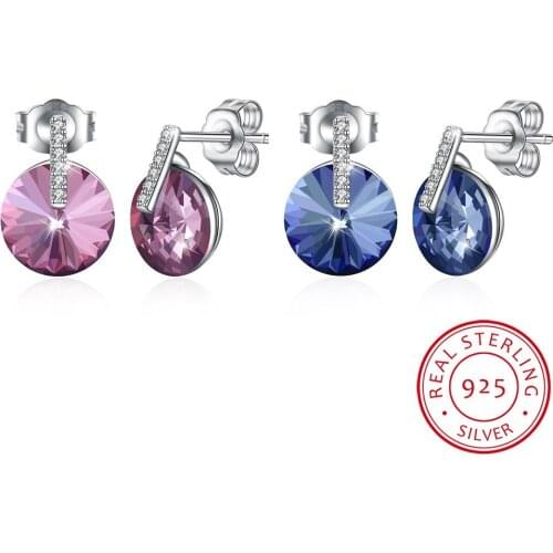 LEKANI Crystals Stud Earrings Simple Fashion Round Piercing S925 Silver Fine Jewelry For Women Girls