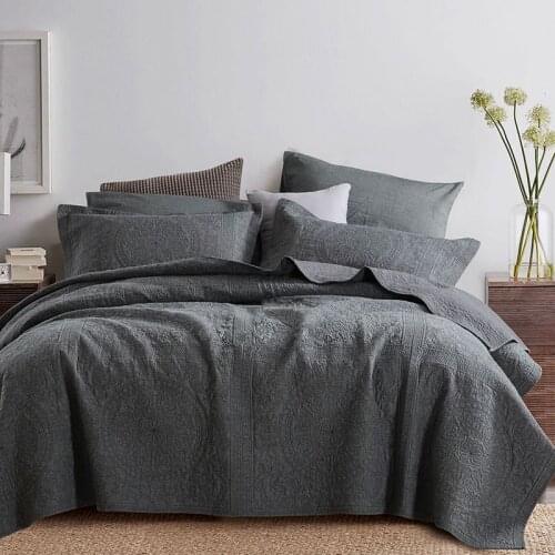 Gray Cotton Bedspread Quilt Set 3pcs Coverlet Solid Color Embroidered Quilts Bed Cover Pillowcase King Queen Size Blanket