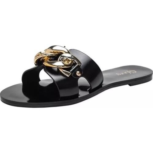 2021 Women Slippers Causal Ladies Square Toe Flat Outdoor Slides Fashion Metal Decoration Female Shoes Open Toe Beach Lady Shoes