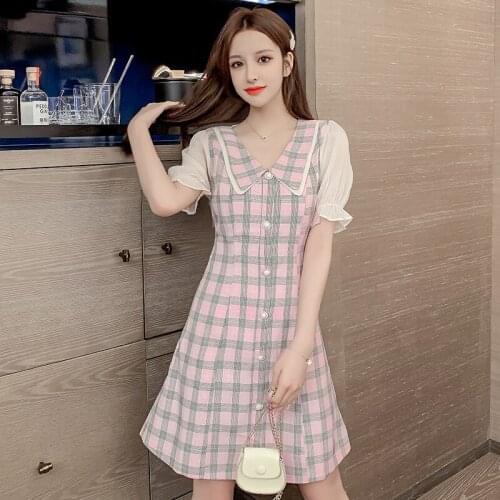 Korean Chic Contrast Color Patch Plaid Dress High Waist Hip Buttons Up Design Vestido Slim Fit Short Sleeve Ropa New