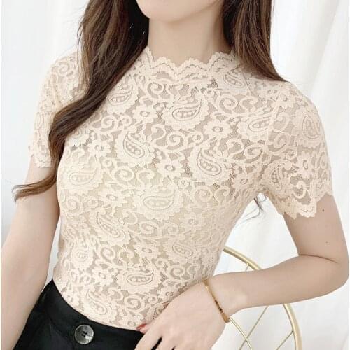 Hollow out Women Summer Style Lace Blouses Shirts Lady Casual Short Sleeve Stand Collar Hollow out Lace blusas Tops RR0018