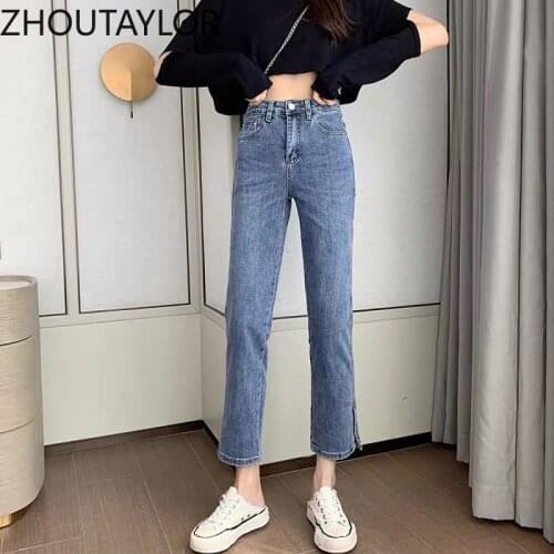 ZHOUTAYLOR Women Jeans High Waisted Zippers Button Ankle-Length Pants Femme Straight Office Lady Loose Autumn Trousers Female