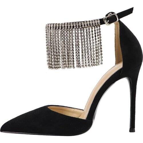 Moraima Snc Newest Crystal Tassel Ankle Strap Woman Shoes Sexy Pointed Toe Thin Heels Party Dress Heels 12CM Stiletto heels