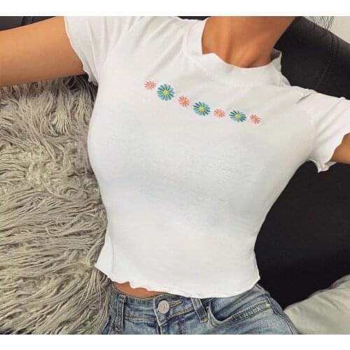 Round Neck Short Sleeve Small Flower Fashion Pattern Embroidered Slim Top Women