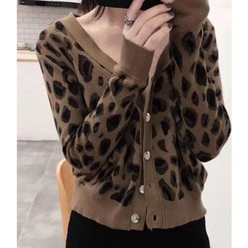 Leopard Print Knitted Cardigan Sweater Women 2021 Loose V-neck Top Long Sleeve Coat Female Vintage Cardigan Button Elegant 1221