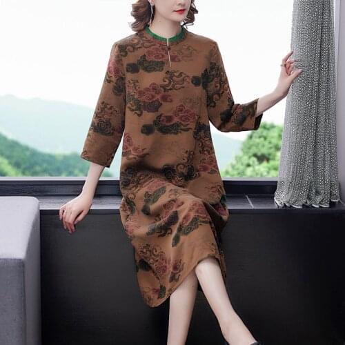 Spring Red Floral Mulberry Silk Loose Midi Dress Autumn Women Vintage Chinese Style Dresses 2021 Elegant Bodycon Party Vestidos