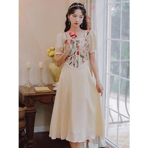 2021 Summer New Womens Noble Temperament Square Neck Puff Sleeve Mid-length Dress Literary Girl Daily Casual Chiffon Dress
