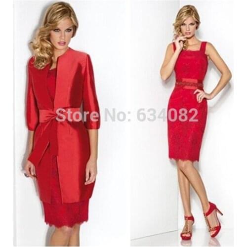 2015 Free Shipping Customized Two Pieces Knee Length Red Mother of the Bride Pant Suits Women Short Evening Dress with Jacket