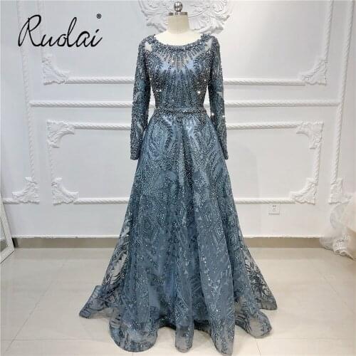 In Stock Luxury Sexy Shiny Blue Scoop Neck with Sequin Heavy Beads See-through Lace Party Evening Dress for Women Long Dresses