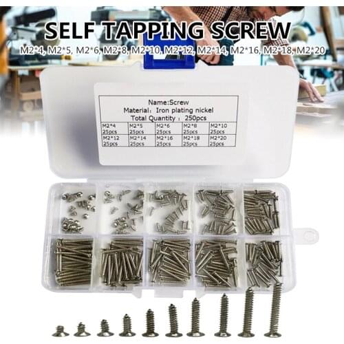 250PCS/Set M2 Stainless Steel Self Tapping Wood Screw Assortment Kit Lock Nut Wood Flat Head Thread Nail Screw Fastener Sets Hot
