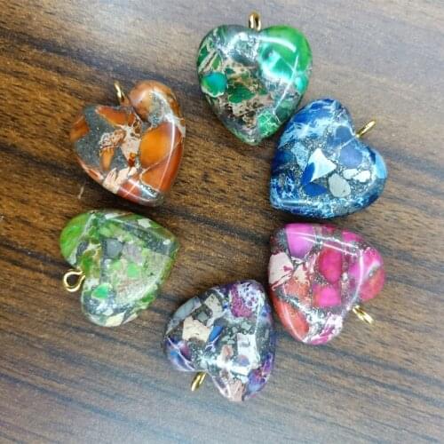 6pcs 20mm Heart Shape Natural Imperial Jaspers Stone Beads Pendant Six Color Loose Stone Pendant For Necklace Making Accessories