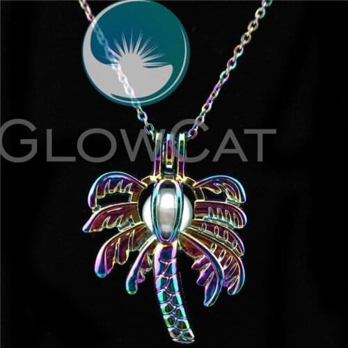 C594 Rainbow Color Coconut Tree Beads Cage Essential Oil Diffuser Aroma Pearl Cage Locket Necklace Women Girl Gift