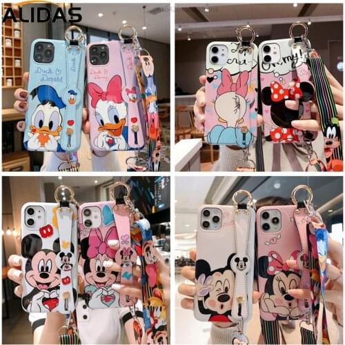 Disney Cartoon Mickey Minnie Mouse Daisy Donald Duck Wrist Strap Lanyard Phone Case For IPhone 12 Pro Max 11 7 8 Plus X XR SE XS