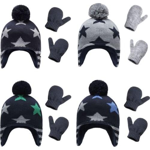 Baby Knit Hat Gloves Cold Weather Gifts Accessories Set Skiing Winter Cap Beanie with Warm Ear Flap Mitten Wholesale