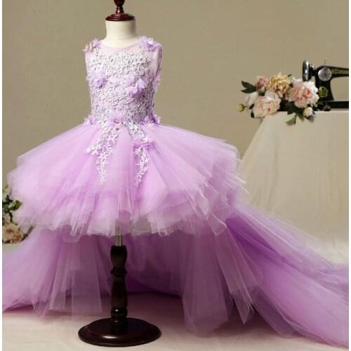 Violet Lace Long Trailing Flower Girl Dresses for Wedding Appliques First Communion Dress for Girls Puffy Pageant Princess Dress