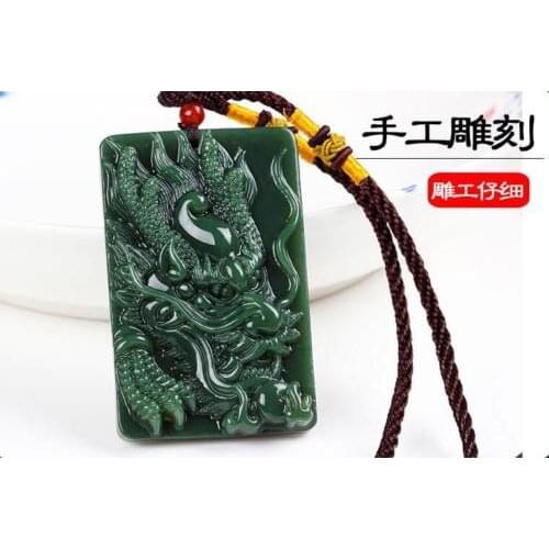 Delicate manual sculpture natural dark green hetian jade dragon pendant necklace