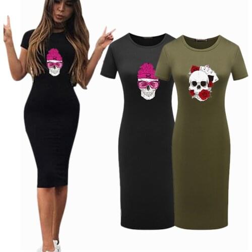 Club Bodycon Woman Dress Vintage Skull Print Elegant Sexy Short Sleeve Mid-Calf Slim Fit Party Skinny Streetwear Clothes
