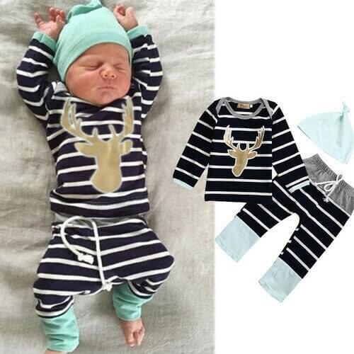 Baby Kids Striped Clothing Set Full Sleeve Christmas Elk Set Baby Boy Girls Tops Romper+long Pants+hat Outfits 0-18 Months