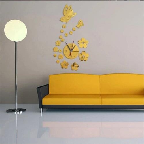 Creative Butterfly Flower Wall Clock Living Room TV Background Crystal Stereo Mirror Wall Sticker Clock DIY Art