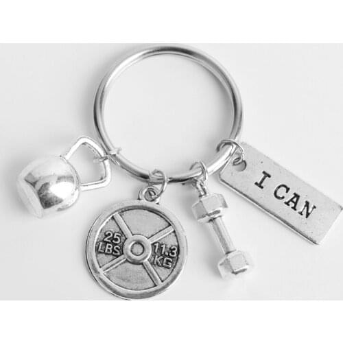 MQCHUN I CAN Sports Barbell Dumbbell Fashion Keychain Encouragement Key Chain Gym Sport Key Ring Men Jewelry -50