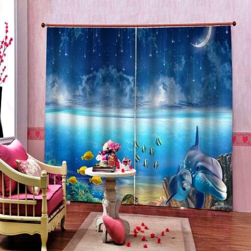 Cartoon Underwater World Cute Dolphin Curtain For Childrens room kids Blue starry sky Blackout Window Drapes Indoor Decor Sets