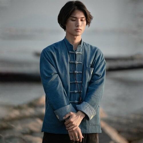 2021 Chinese Style Denim Jacket Jeans Jacket Kung Fu Clothes Traditional Chinese Clothing For Men Black Outerwear 11992