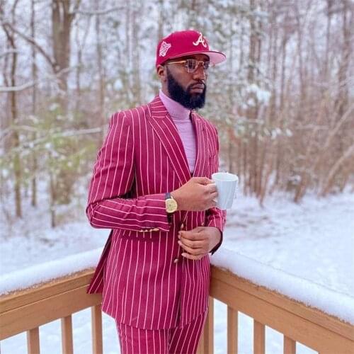 YIWUMENSA Red Mens Suits For Wedding Blazers Custom Made 2 Pieces Double Breasted Striped Jacket With Pants Slim Fit Prom Dress