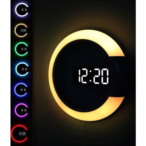 Wall Clock 7 Color Changing Led Light Remote Control Digital Clock Temperature Display Luminous Night Light Clock Living Room