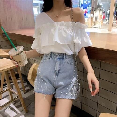 Solid white summer crop top women One Shoulder High Waist Casual holiday tank top short Sleeves Loose Fit Chic Tops 2021