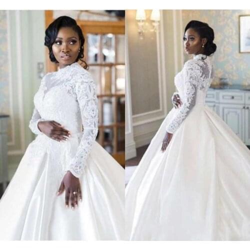2021 African Wedding Dresses A Line High Neck Lace Satin Bridal Gowns With Long Sleeve Sweep Train Beach Garden Wedding Gowns