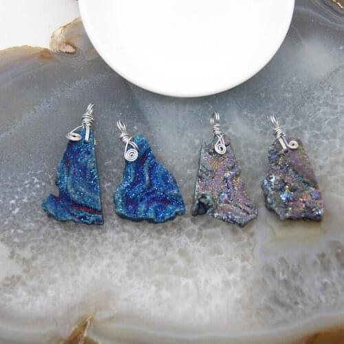 1pcs Rock Agates Geode Pendant,Natural Druzy Quartz Titanium Blue/Rainbow Silvery Bails DIY Jewelry Charms Necklace Accessories