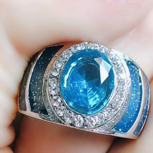 Luxury Silver Color oval ring 1ct 5A zircon blue Stone cz Engagement Wedding Band Plata filled Ring for women men Jewelry