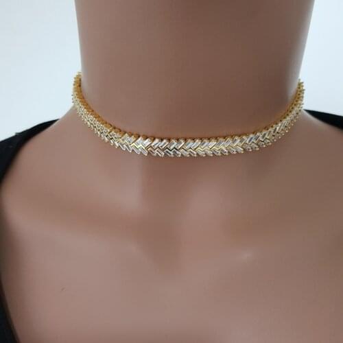 Yellow Gold Baquette Choker Necklace Silver Choker 925 Sterling Silver Made in TURKEY