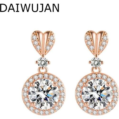 DAIWUJAN Sweet Heart Crystal Pendant Dangle Earrings for Women Rose Gold 5A Zircon Drop Earring Bride Wedding Engagement Jewelry
