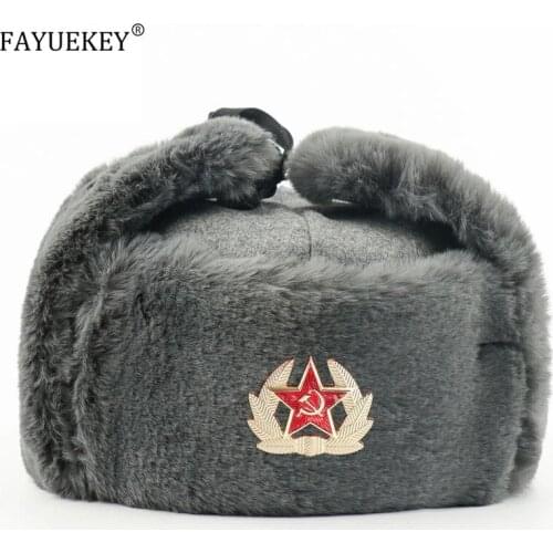 Soviet Army Military Badge Russia Ushanka Bomber Hats Pilot Trapper trooper Hat Winter Faux Rabbit Fur Earflap Men Snow Caps