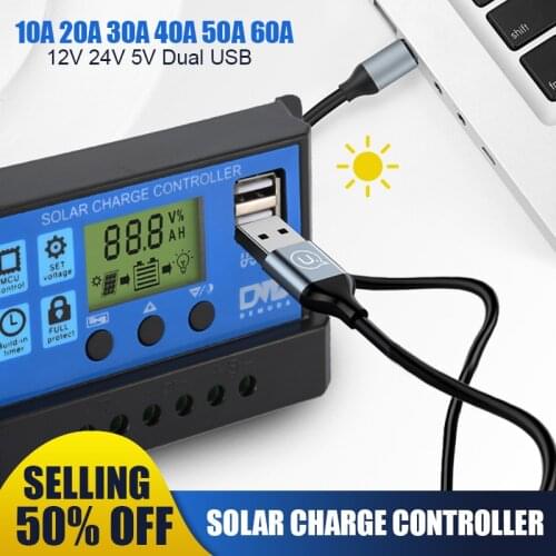 Controller 60A / 50A / 40A / 30A / 20A / 10A 12V 24V automatic solar charging controller PWM controller dual USB support mobile