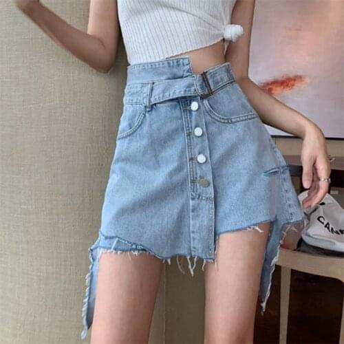 2021 High Quality Hole Denim Shorts Women Summer High Waist Skorts Slim Blue Short Jeans Vintage Short Feminino