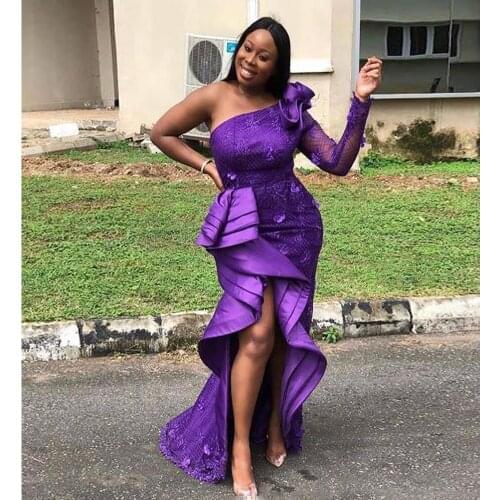 Evening Dresses Tiered abendkleider Purple Long Prom Dresses Applique One Shoulder Sleeve Evening Dresses vestido de festa 2021