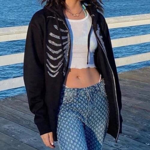 Y2K Fashion Oversized Butterfly Graphic Rhinestone Zip Up Hoodies E-girl 90s Streetwear Diamond Grey Long Jacket Autumn