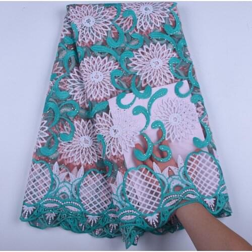 Green+White African Lace Fabric 2019 Embroidered Nigerian Stones Laces Fabric High Quality French Tulle Lace Fabric 1596