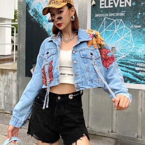 Street dance Casual Short Coat Womens 2021 Autumn New heavy industry Sequins Long Sleeve denim Jacket Women Clothing 394E liang