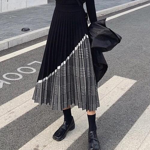 High Quality Winter High Street Color Block Bodycon Knit Skirt High Waist Side Split Knee Length Pencil Skirts Women Knitwear