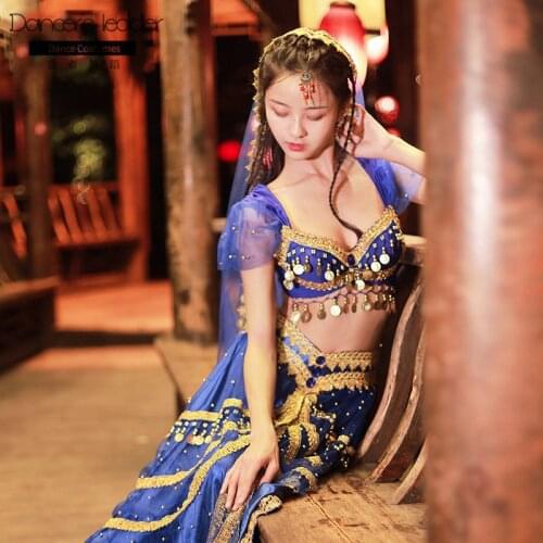 Women Indian Costumes Bollywood Belly Dance Set Halloween Anime Cosplay Top belt Pants Headveil 4pcs Stage Performance