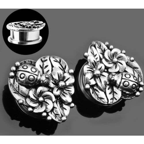 Heart Flowers Ladybug 316L Stainless Steel Screw Fit Tunnels Ear Plugs Earlets Gauges Body Piercing Jewelry