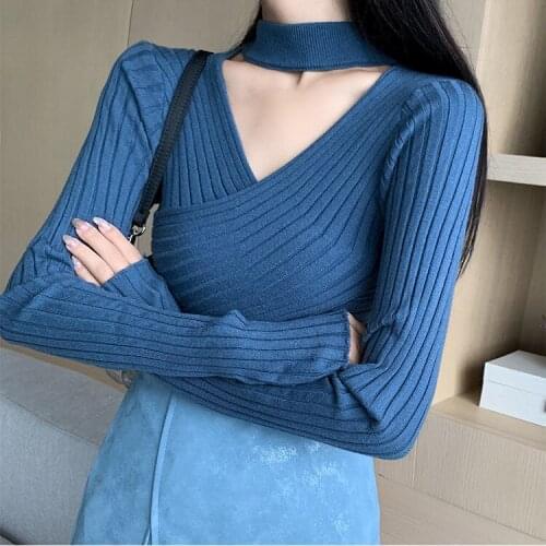 Womens Knitted Pullover V Neck Cross Vertical Stripes Sexy Hollow Long Sleeves Slim Tops Wholesale Autumn Trendy Lady Clothing