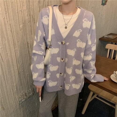Women Knitted Sweater Cardigan Cute Purple Coat Women Sheep Pattern Knitted Oversized Jacket Korean Fall Long Sleeve Pull Femme