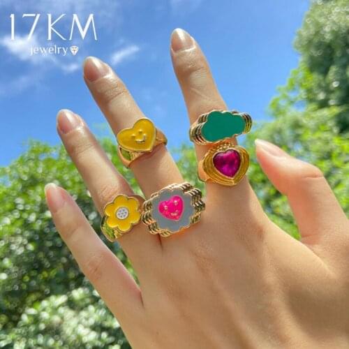 Lucky Smile Face Ring Colorful Enamel Thick Chain Ring For Women Gold Geometric Heart Clouds Flower Rings Gift Jewelry