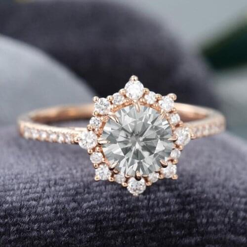 EDI Gray Moissanites Ring 14k Rose Gold Art Deco Halo Half Eternity Engagement Promise Ring Jewelry For Women