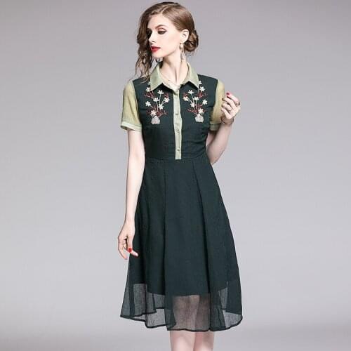 2021 Summer Womens Dress French Pastoral Style Lapel Embroidery Stitching Mesh Dress New Waist Female Slim Dresses X564